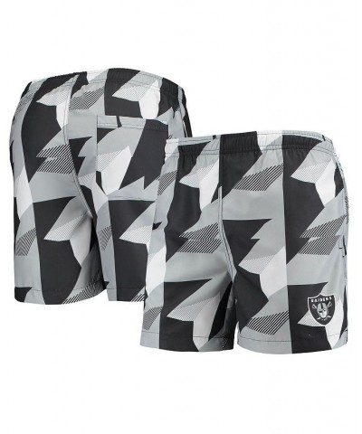 Men's Black and Silver Las Vegas Raiders Geo Print Swim Trunks $26.31 Swimsuits