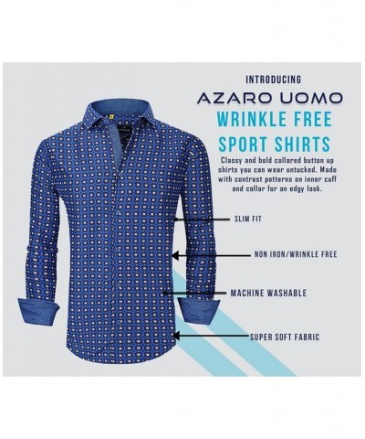 Men's Business Geometric Long Sleeve Button Down Shirt Blue $19.59 Dress Shirts